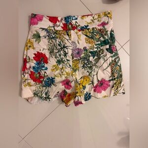 Zara White Floral Shorts with Red Green and Yellow Accents